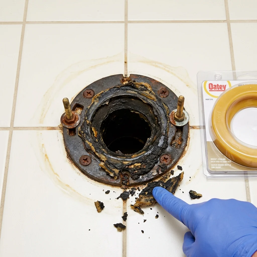 Failed wax ring showing water seepage at the base of a toilet in a Lancaster, SC home